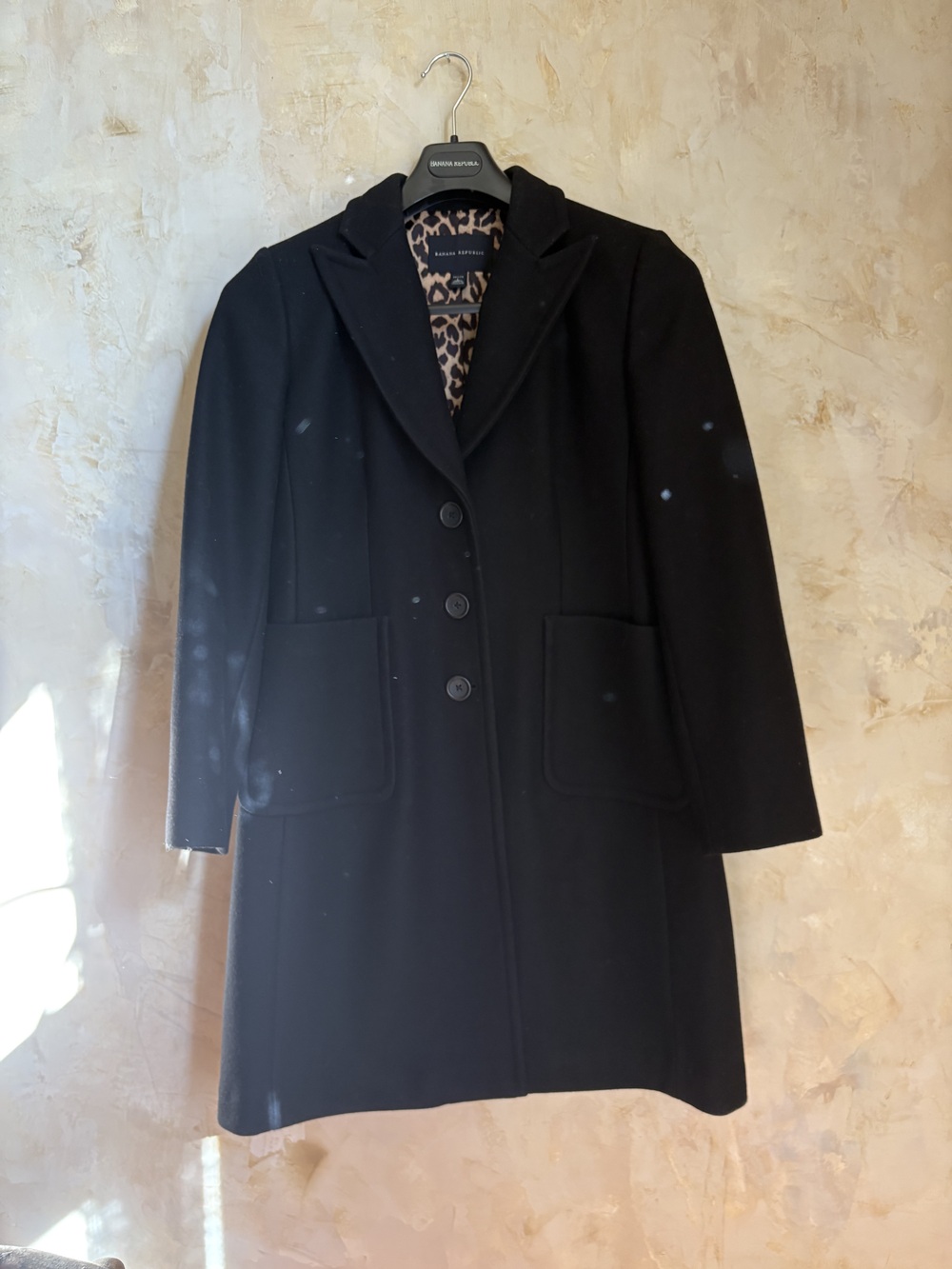 Banana Republic Black Wool Blend Leopard Lining Coat, Petite L. Great conditions